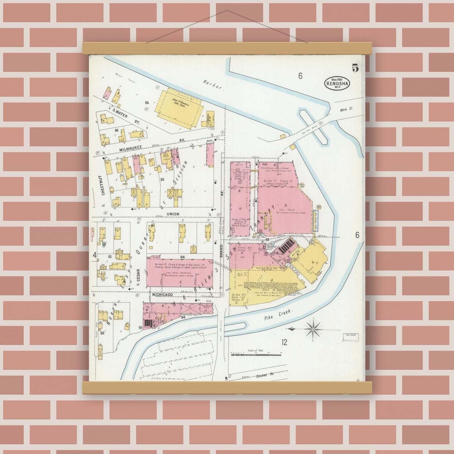 Old map wall art mockup — magnetic wood frame on brick wall — Sanborn Fire Insurance Map from Kenosha, Kenosha County, Wisconsin (1900), Sheet #0005