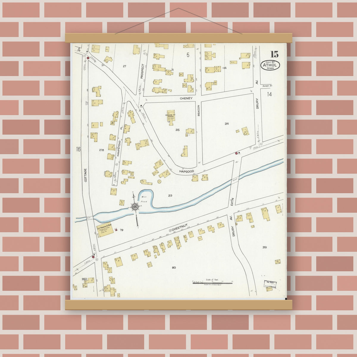 Old map wall art mockup — magnetic wood frame on brick wall — Sanborn Fire Insurance Map from Athol, Worcester County, Massachusetts (1917), Sheet #0015