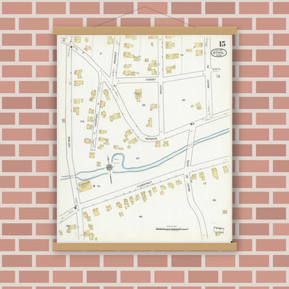 Old map wall art mockup — magnetic wood frame on brick wall — Sanborn Fire Insurance Map from Athol, Worcester County, Massachusetts (1917), Sheet #0015