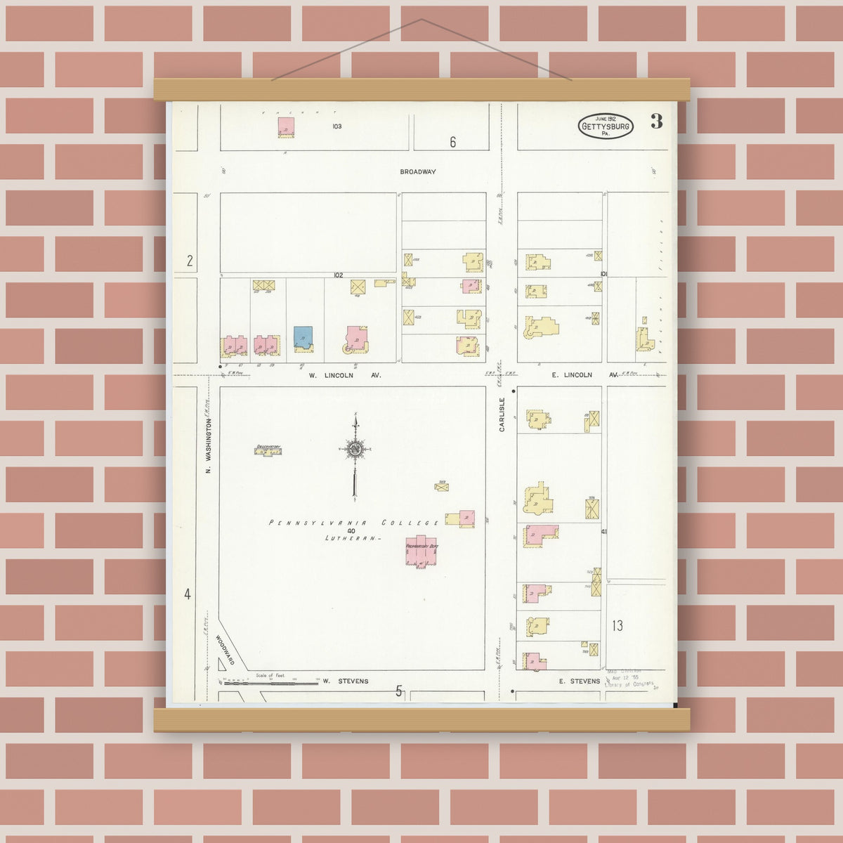 Old map wall art mockup — magnetic wood frame on brick wall — Sanborn Fire Insurance Map from Gettysburg, Adams County, Pennsylvania (1912), Sheet #0003