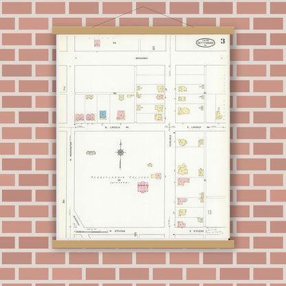 Old map wall art mockup — magnetic wood frame on brick wall — Sanborn Fire Insurance Map from Gettysburg, Adams County, Pennsylvania (1912), Sheet #0003