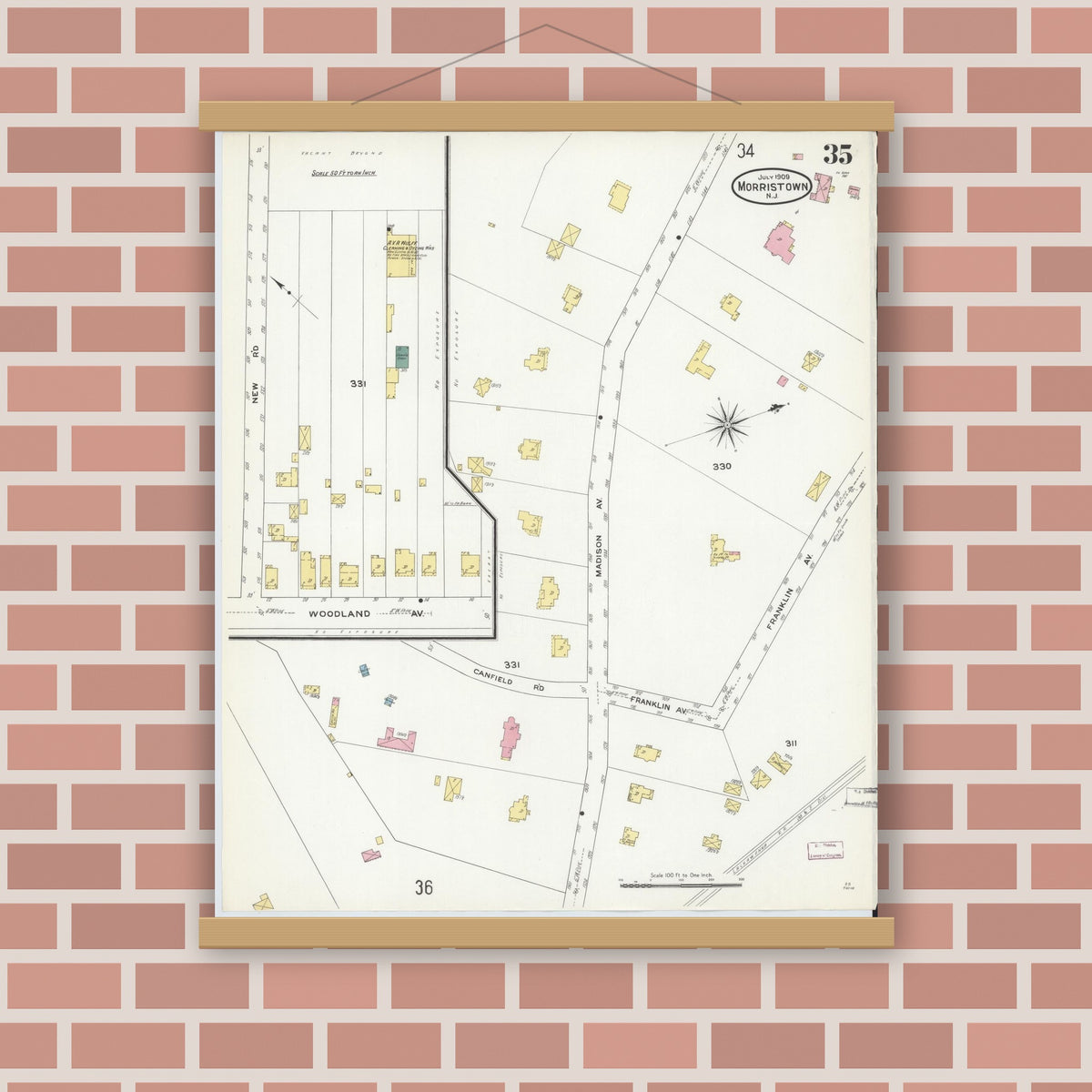 Old map wall art mockup — magnetic wood frame on brick wall — Sanborn Fire Insurance Map from Morristown, Morris County, New Jersey (1909), Sheet #0035