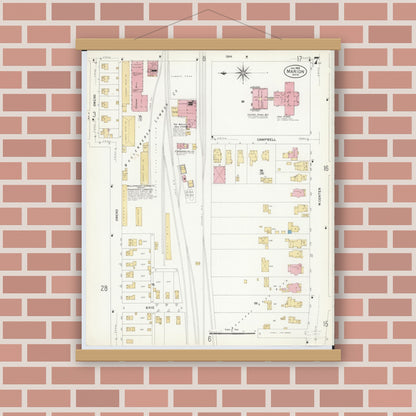 Old map wall art mockup — magnetic wood frame on brick wall — Sanborn Fire Insurance Map from Marion, Marion County, Ohio (1908), Sheet #0007