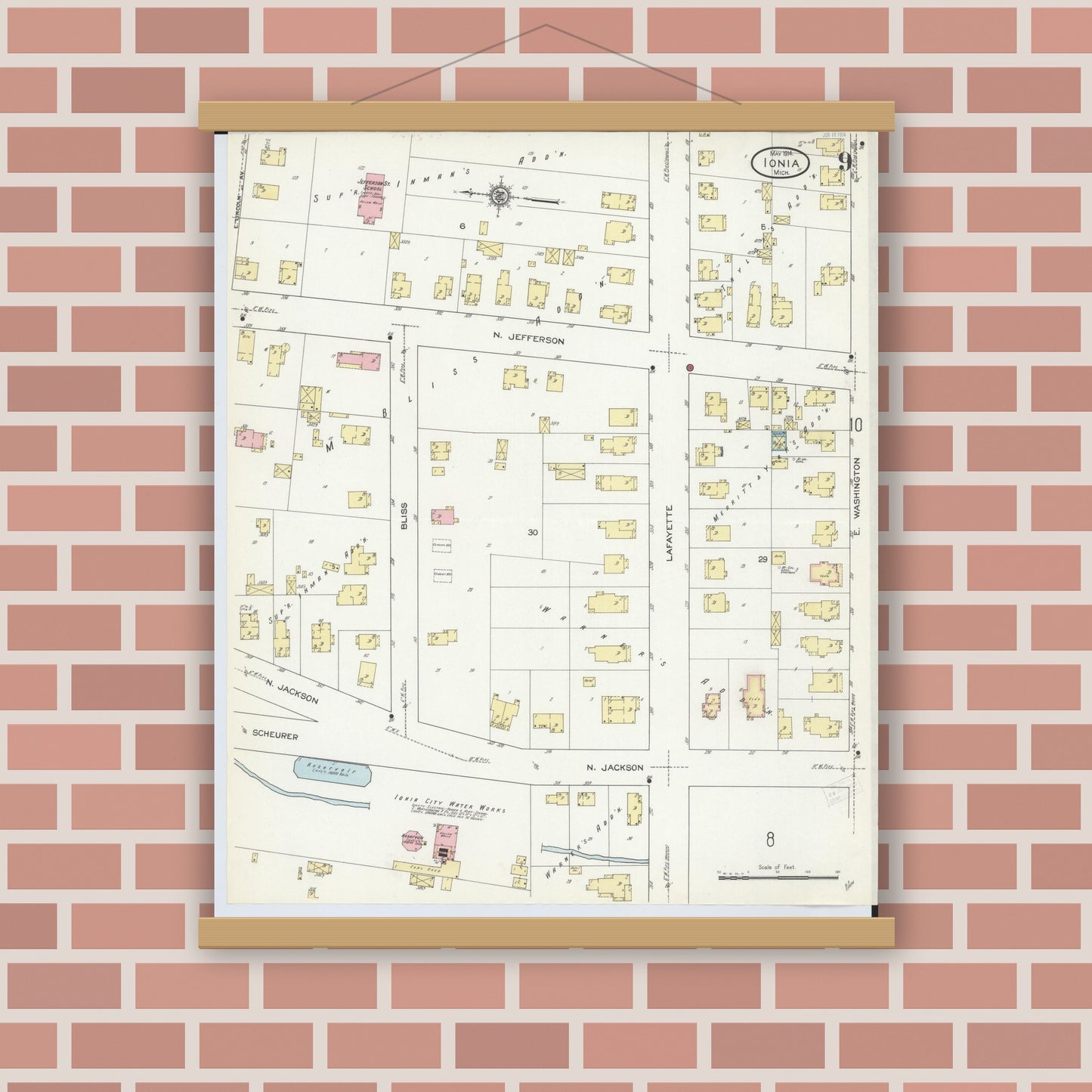 Old map wall art mockup — magnetic wood frame on brick wall — Sanborn Fire Insurance Map from Ionia, Ionia County, Michigan (1914), Sheet #0009