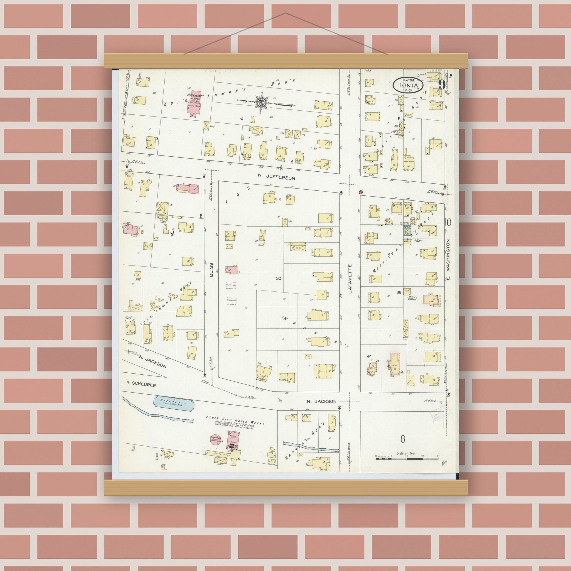 Old map wall art mockup — magnetic wood frame on brick wall — Sanborn Fire Insurance Map from Ionia, Ionia County, Michigan (1914), Sheet #0009