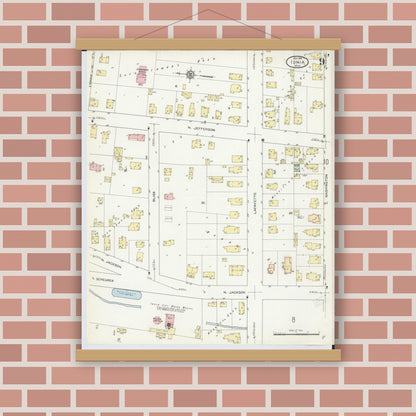 Old map wall art mockup — magnetic wood frame on brick wall — Sanborn Fire Insurance Map from Ionia, Ionia County, Michigan (1914), Sheet #0009