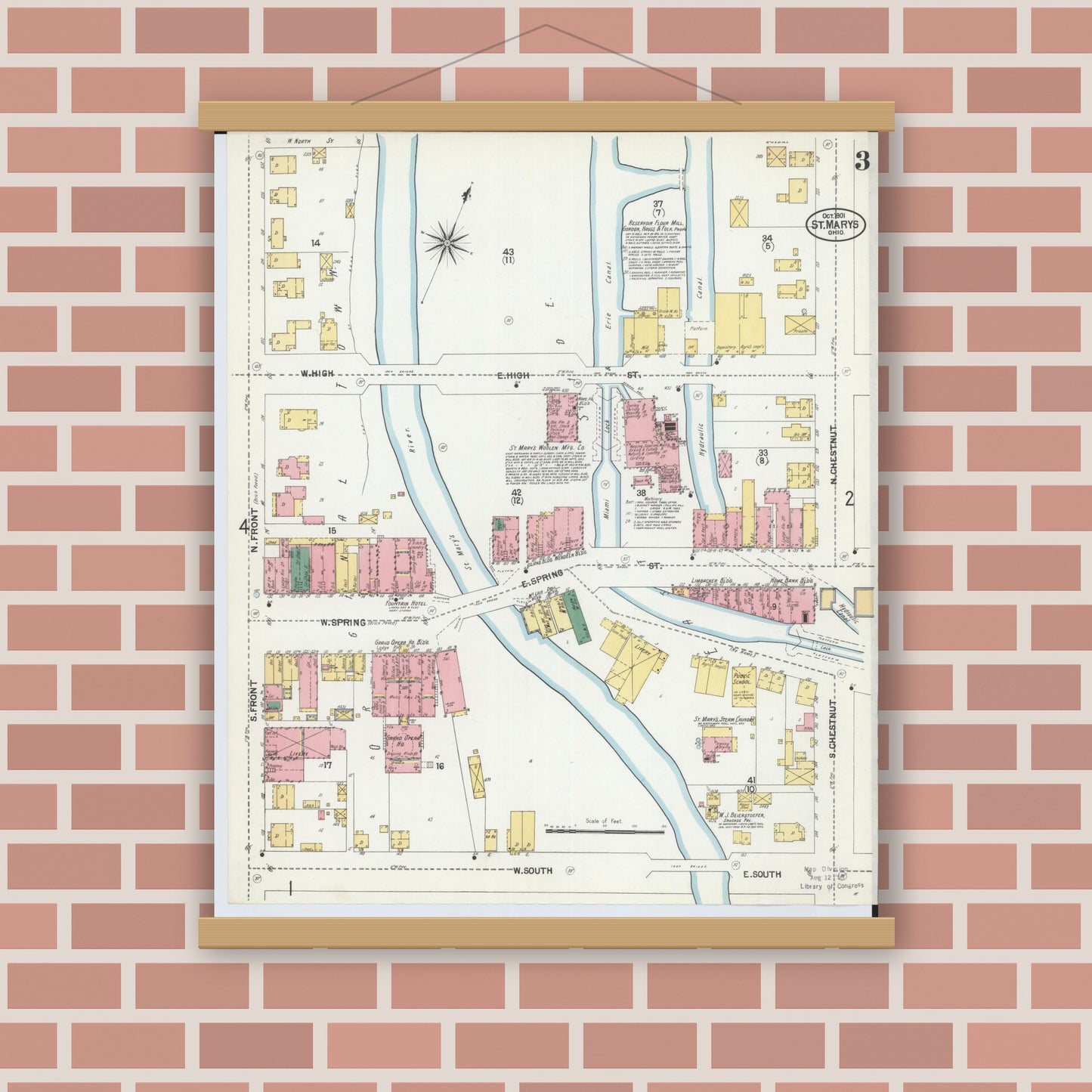 Old map wall art mockup — magnetic wood frame on brick wall — Sanborn Fire Insurance Map from Saint Marys, Auglaize County, Ohio (1901), Sheet #0003