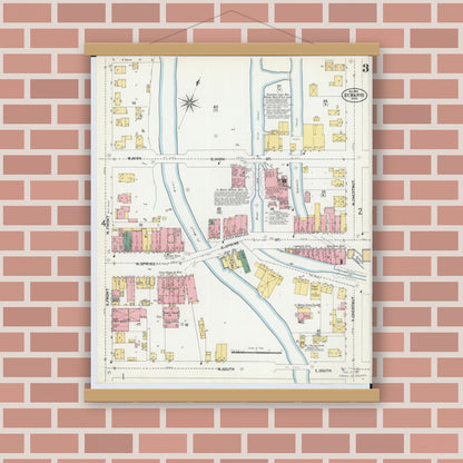 Old map wall art mockup — magnetic wood frame on brick wall — Sanborn Fire Insurance Map from Saint Marys, Auglaize County, Ohio (1901), Sheet #0003