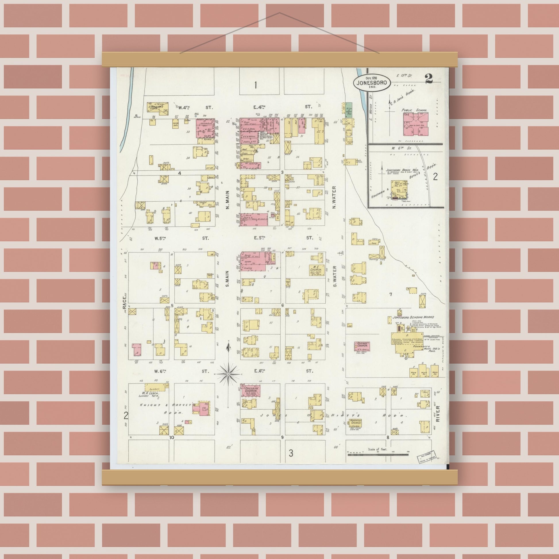Old map wall art mockup — magnetic wood frame on brick wall — Sanborn Fire Insurance Map from Jonesboro, Grant County, Indiana (1898), Sheet #0002