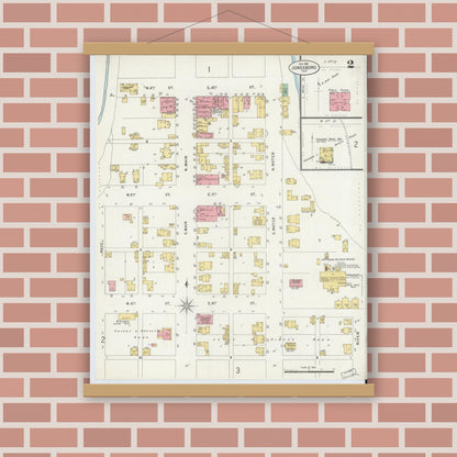 Old map wall art mockup — magnetic wood frame on brick wall — Sanborn Fire Insurance Map from Jonesboro, Grant County, Indiana (1898), Sheet #0002