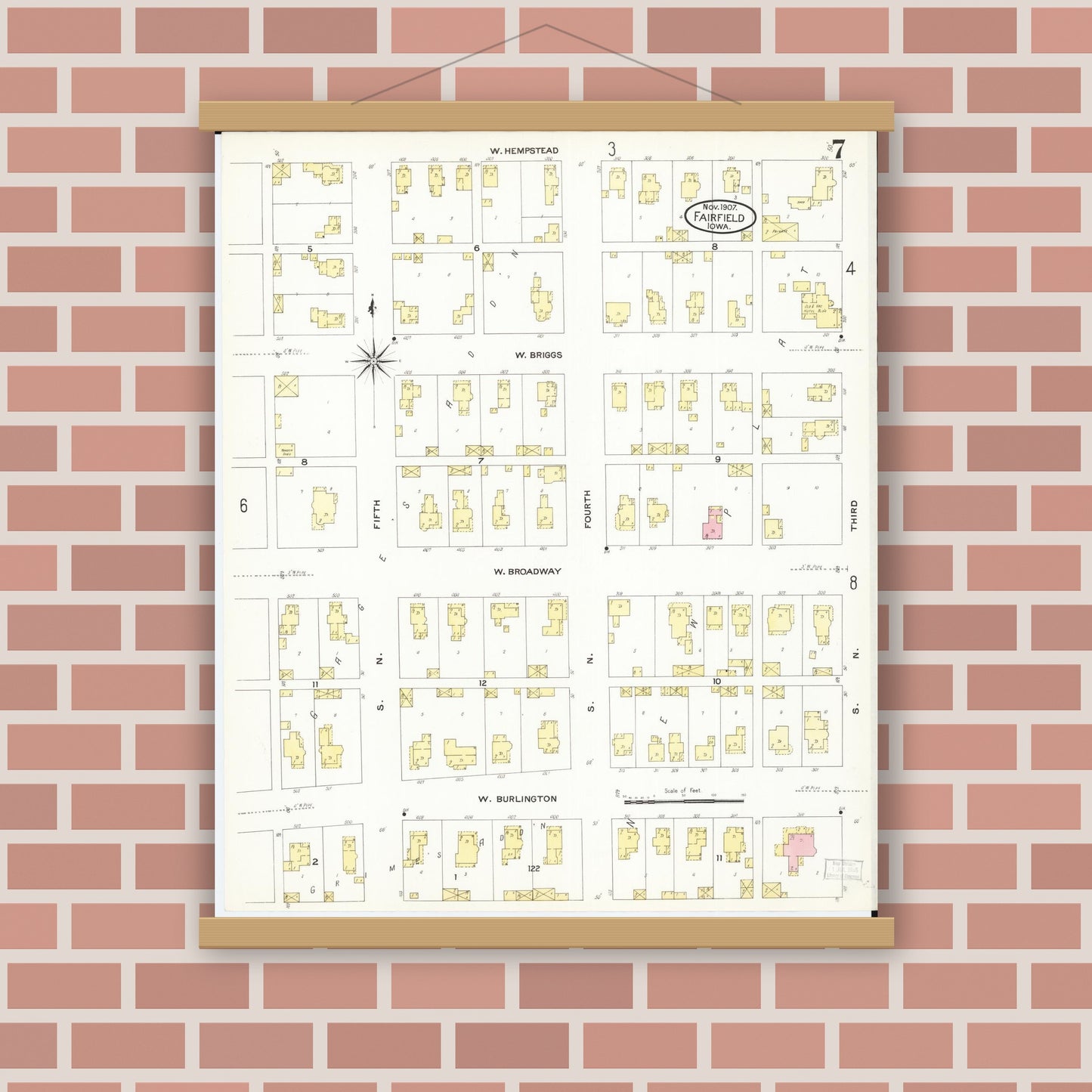 Old map wall art mockup — magnetic wood frame on brick wall — Sanborn Fire Insurance Map from Fairfield, Jefferson County, Iowa (1907), Sheet #0007