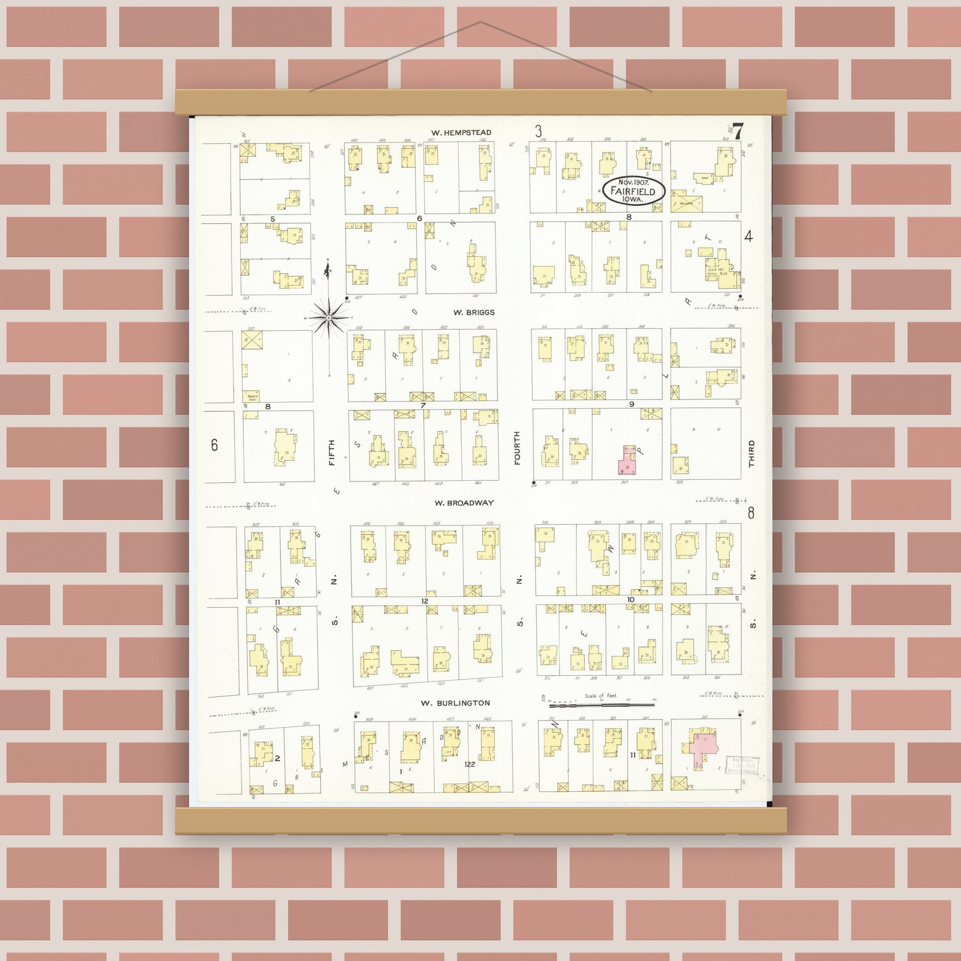 Old map wall art mockup — magnetic wood frame on brick wall — Sanborn Fire Insurance Map from Fairfield, Jefferson County, Iowa (1907), Sheet #0007