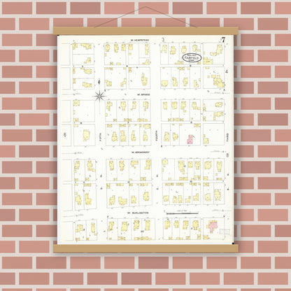 Old map wall art mockup — magnetic wood frame on brick wall — Sanborn Fire Insurance Map from Fairfield, Jefferson County, Iowa (1907), Sheet #0007
