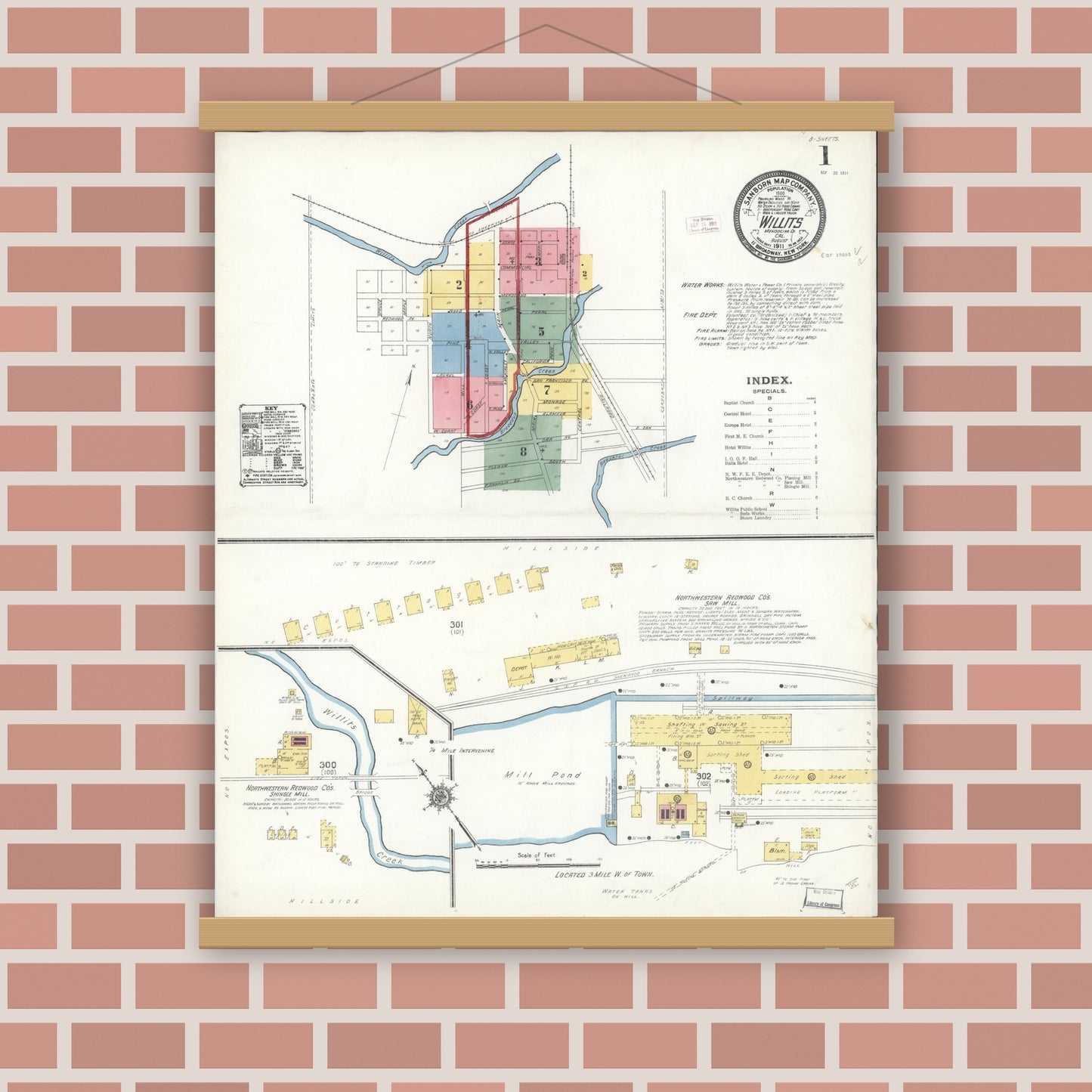 Old map wall art mockup — magnetic wood frame on brick wall — Sanborn Fire Insurance Map from Willits, Mendocino County, California (1911) - Complete Map Set