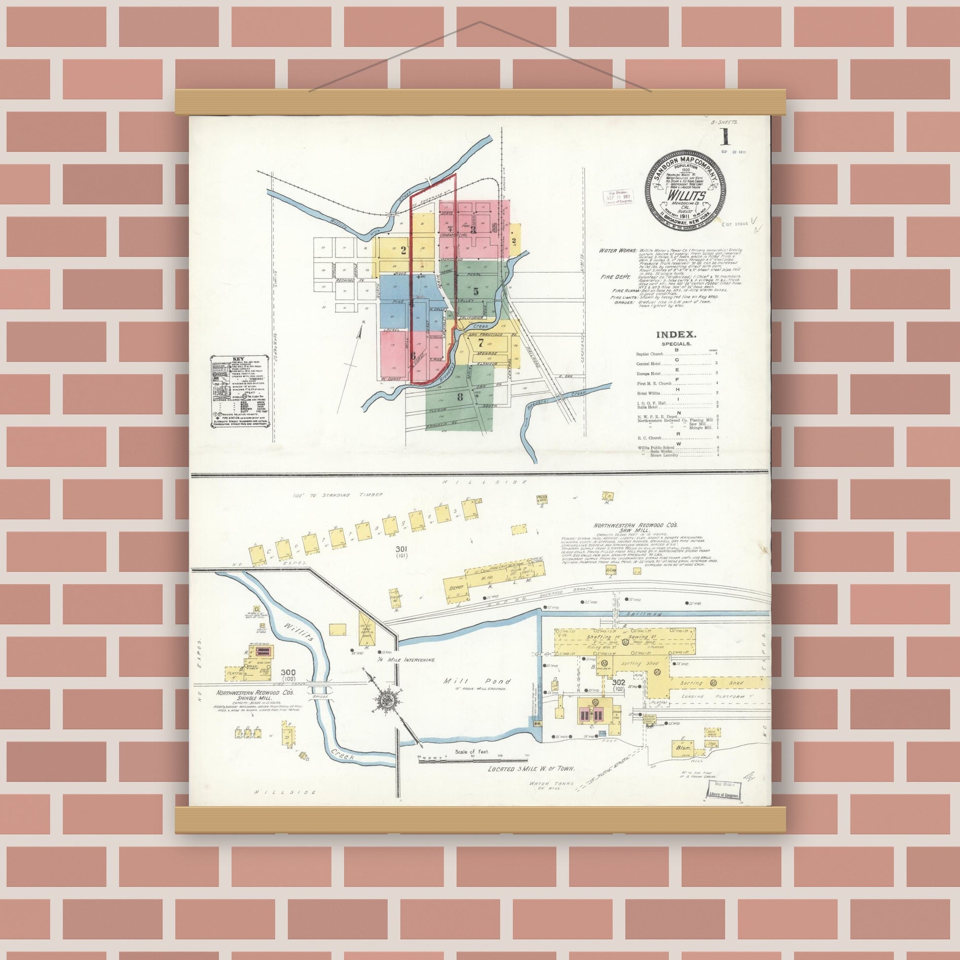Old map wall art mockup — magnetic wood frame on brick wall — Sanborn Fire Insurance Map from Willits, Mendocino County, California (1911) - Complete Map Set