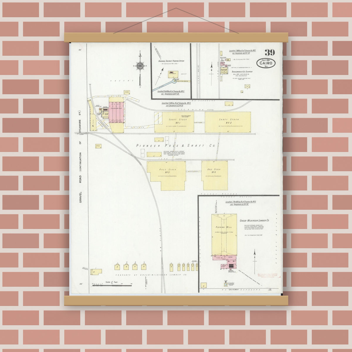 Old map wall art mockup — magnetic wood frame on brick wall — Sanborn Fire Insurance Map from Cairo, Alexander County, Illinois (1914), Sheet #0039