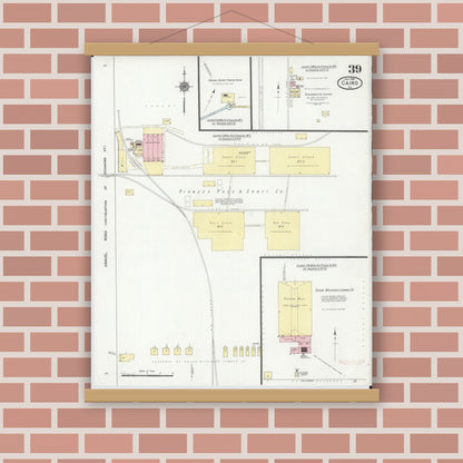 Old map wall art mockup — magnetic wood frame on brick wall — Sanborn Fire Insurance Map from Cairo, Alexander County, Illinois (1914), Sheet #0039