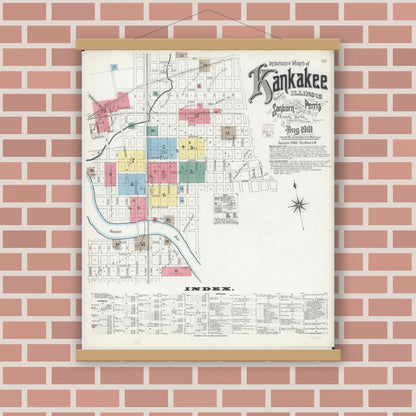 Old map wall art mockup — magnetic wood frame on brick wall — Sanborn Fire Insurance Map from Kankakee, Kankakee County, Illinois (1901) - Complete Map Set