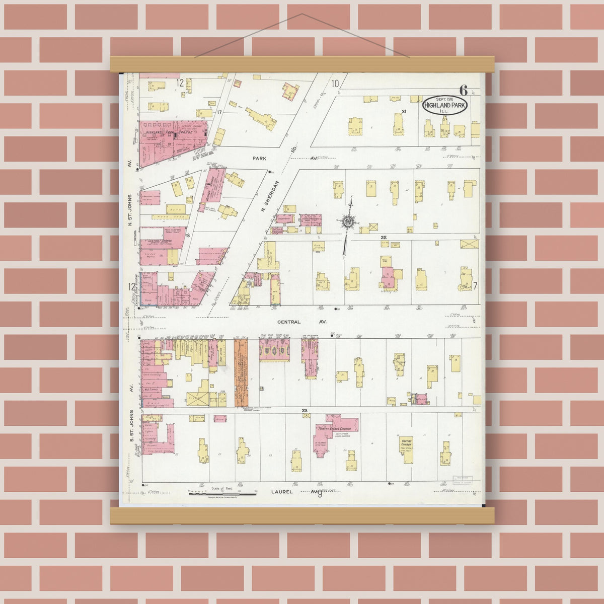 Old map wall art mockup — magnetic wood frame on brick wall — Sanborn Fire Insurance Map from Highland Park, Lake County, Illinois (1918), Sheet #0006