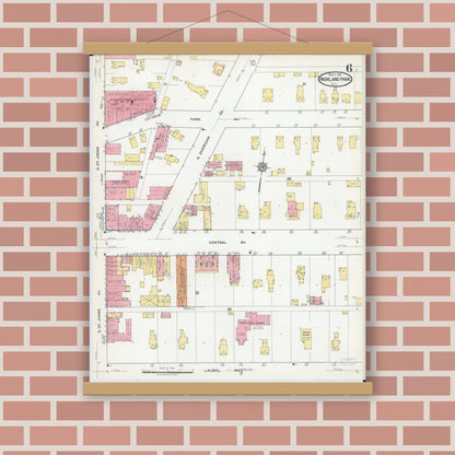 Old map wall art mockup — magnetic wood frame on brick wall — Sanborn Fire Insurance Map from Highland Park, Lake County, Illinois (1918), Sheet #0006