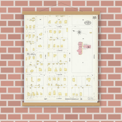 Old map wall art mockup — magnetic wood frame on brick wall — Sanborn Fire Insurance Map from Sherman, Grayson County, Texas (1908), Sheet #0035