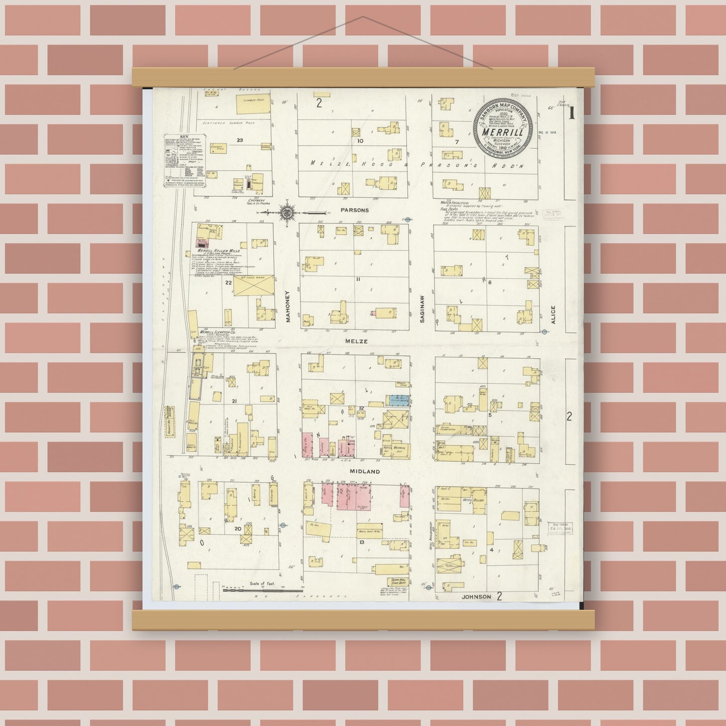 Old map wall art mockup — magnetic wood frame on brick wall — Sanborn Fire Insurance Map from Merrill, Saginaw County, Michigan (1910) - Complete Map Set