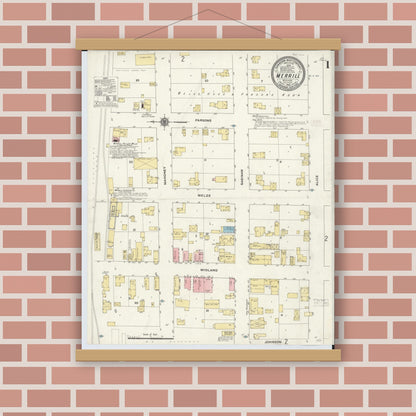 Old map wall art mockup — magnetic wood frame on brick wall — Sanborn Fire Insurance Map from Merrill, Saginaw County, Michigan (1910) - Complete Map Set