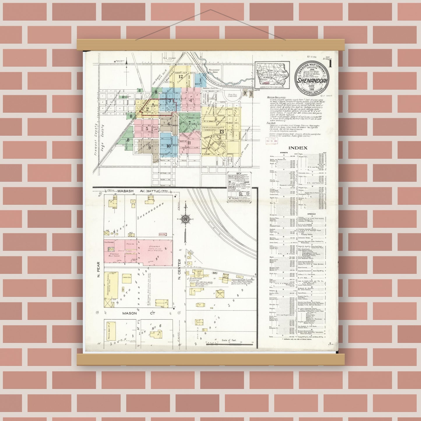Old map wall art mockup — magnetic wood frame on brick wall — Sanborn Fire Insurance Map from Shenandoah, Page County, Iowa (1914) â€” Complete Set