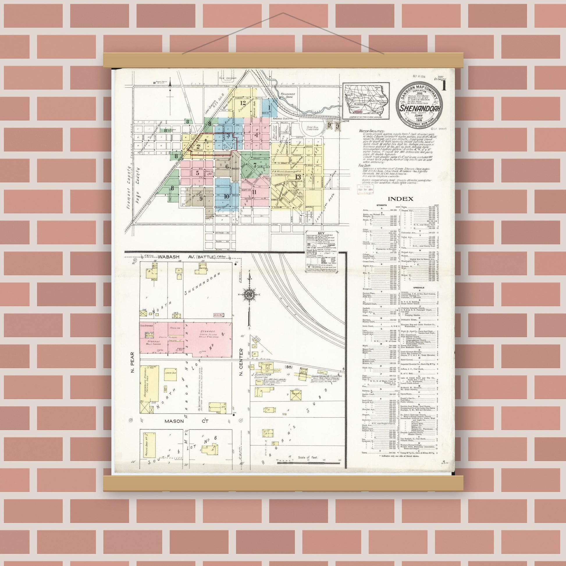 Old map wall art mockup — magnetic wood frame on brick wall — Sanborn Fire Insurance Map from Shenandoah, Page County, Iowa (1914) â€” Complete Set