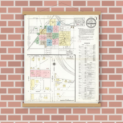Old map wall art mockup — magnetic wood frame on brick wall — Sanborn Fire Insurance Map from Shenandoah, Page County, Iowa (1914) â€” Complete Set