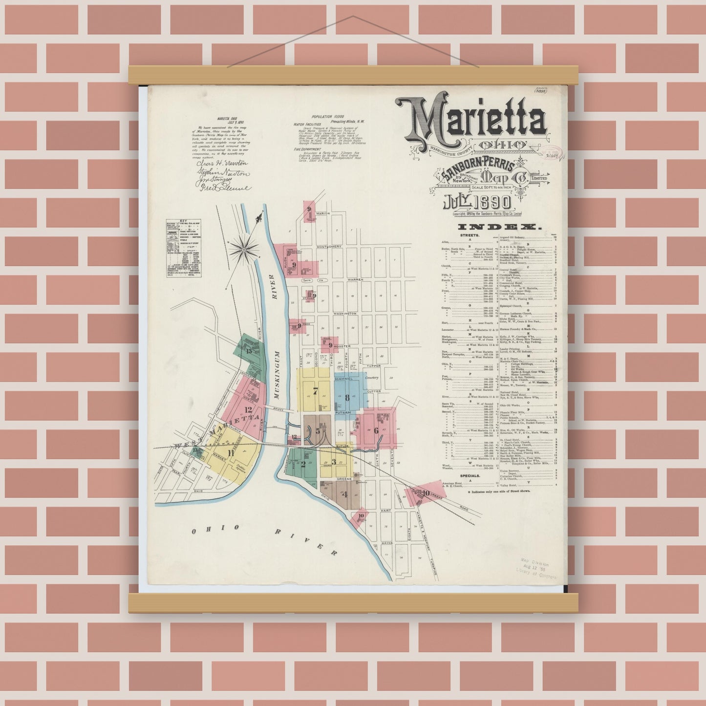 Old map wall art mockup — magnetic wood frame on brick wall — Sanborn Fire Insurance Map from Marietta, Washington County, Ohio (1890) - Complete Map Set