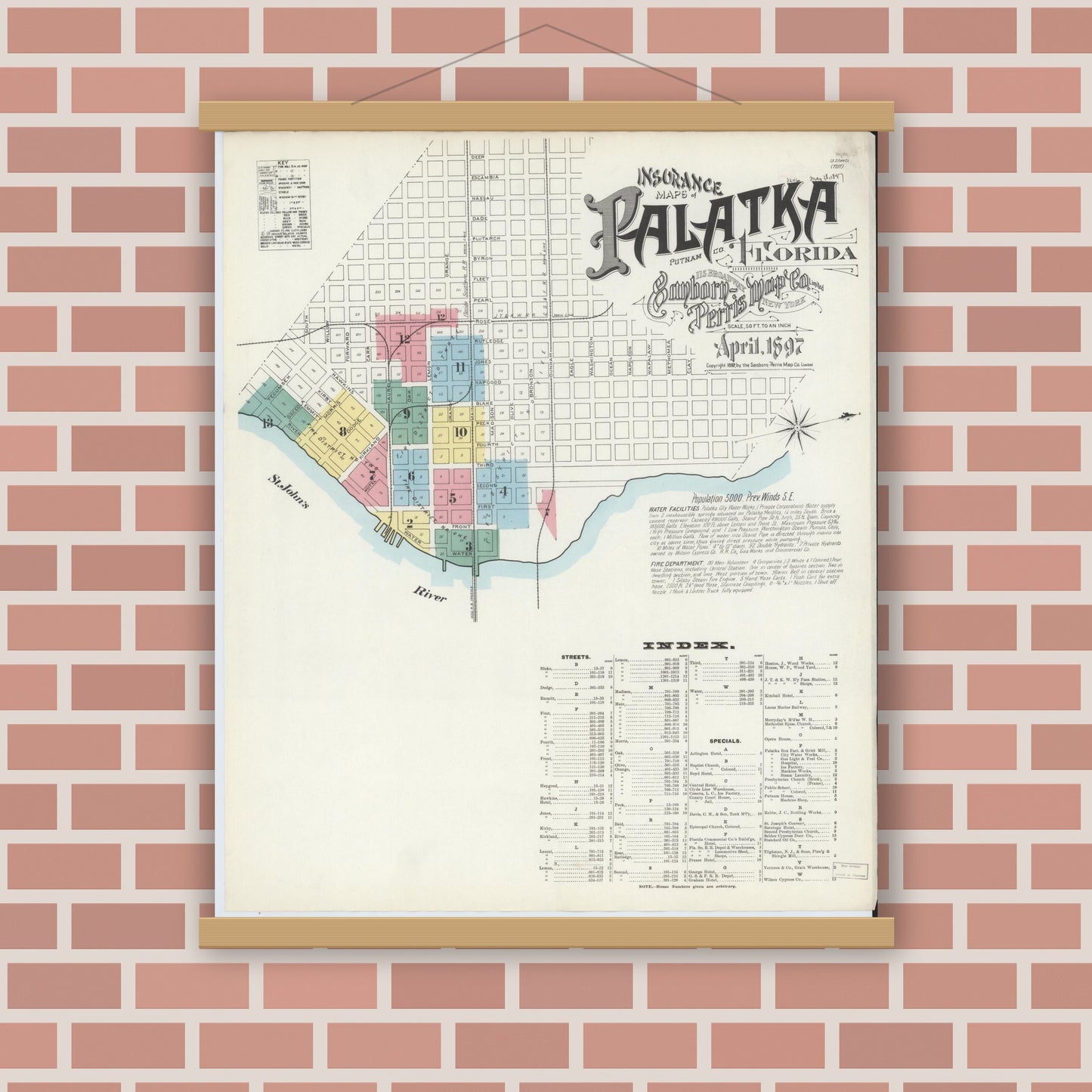 Old map wall art mockup — magnetic wood frame on brick wall — Sanborn Fire Insurance Map from Palatka, Putnam County, Florida (1897) - Complete Map Set