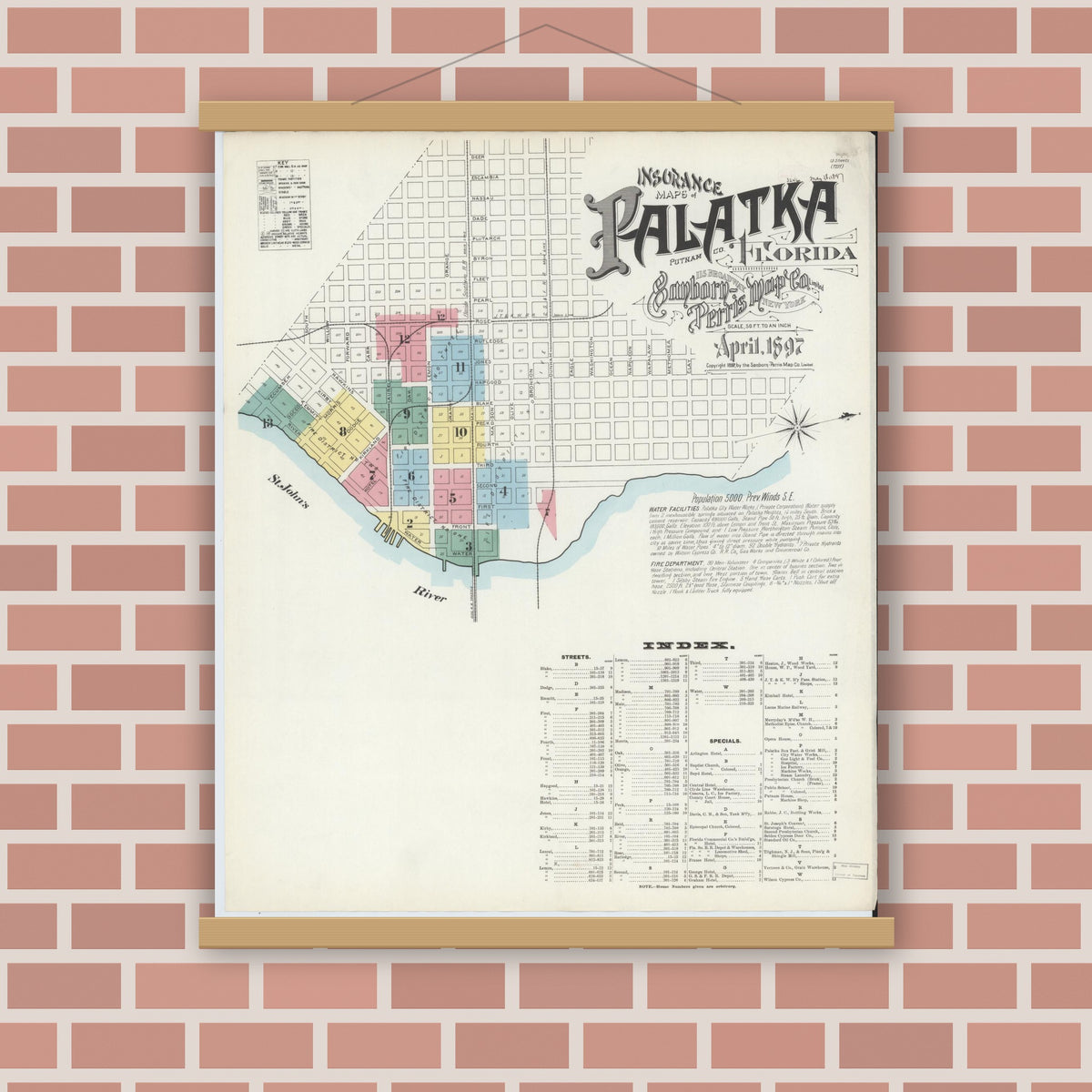 Old map wall art mockup — magnetic wood frame on brick wall — Sanborn Fire Insurance Map from Palatka, Putnam County, Florida (1897) - Complete Map Set