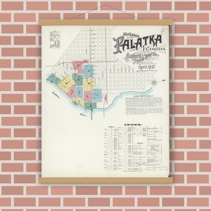 Old map wall art mockup — magnetic wood frame on brick wall — Sanborn Fire Insurance Map from Palatka, Putnam County, Florida (1897) - Complete Map Set