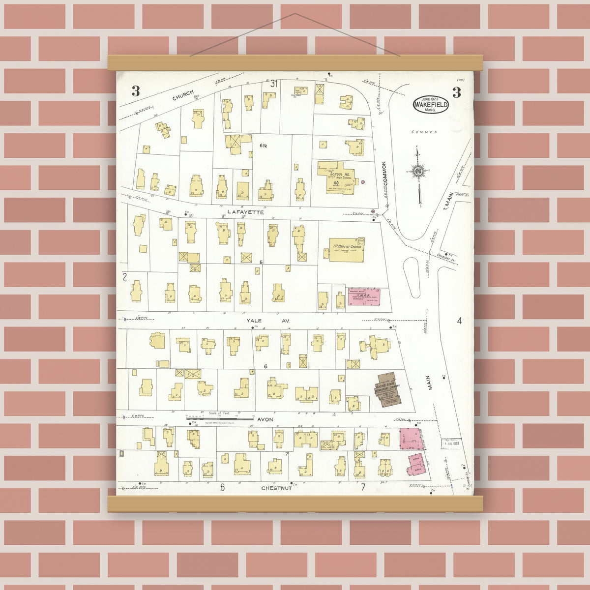 Old map wall art mockup — magnetic wood frame on brick wall — Sanborn Fire Insurance Map from Wakefield, Middlesex County, Massachusetts (1923), Sheet #0003