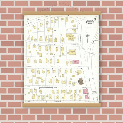 Old map wall art mockup — magnetic wood frame on brick wall — Sanborn Fire Insurance Map from Wakefield, Middlesex County, Massachusetts (1923), Sheet #0003