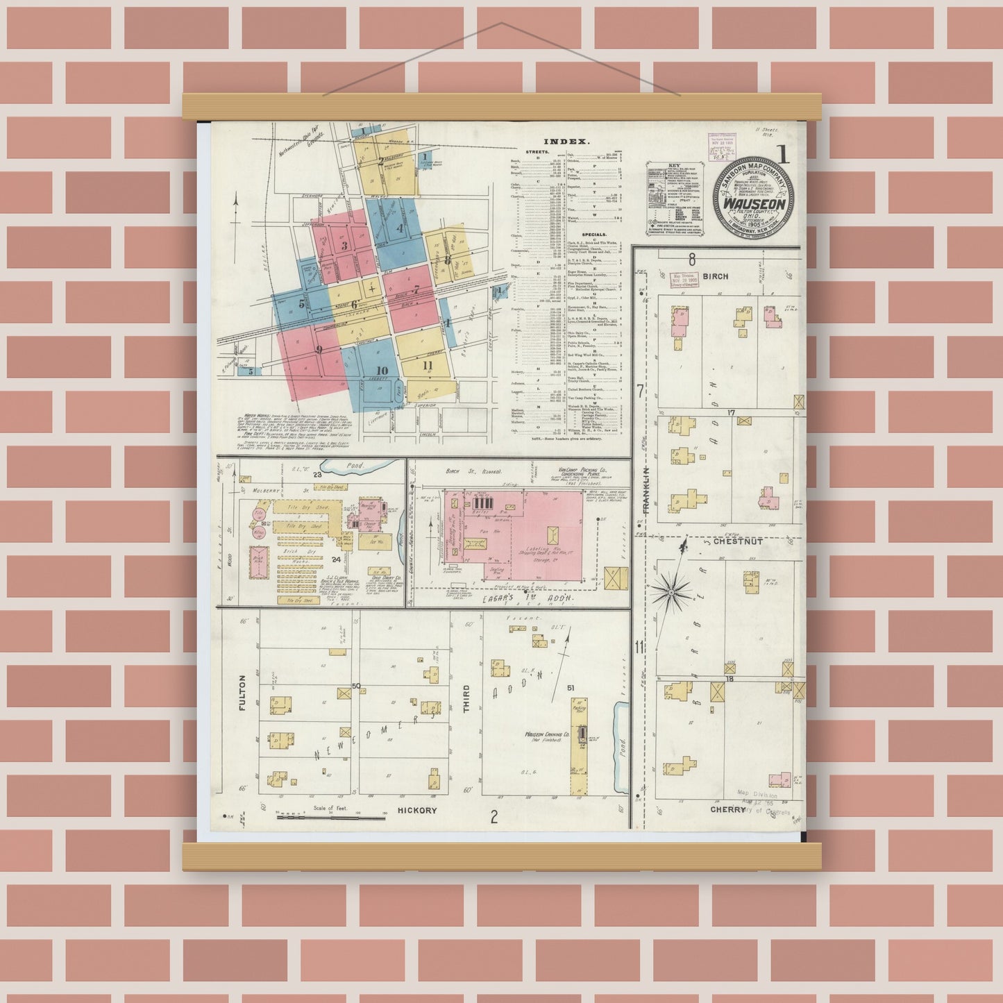 Old map wall art mockup — magnetic wood frame on brick wall — Sanborn Fire Insurance Map from Wauseon, Fulton County, Ohio (1905) - Complete Map Set