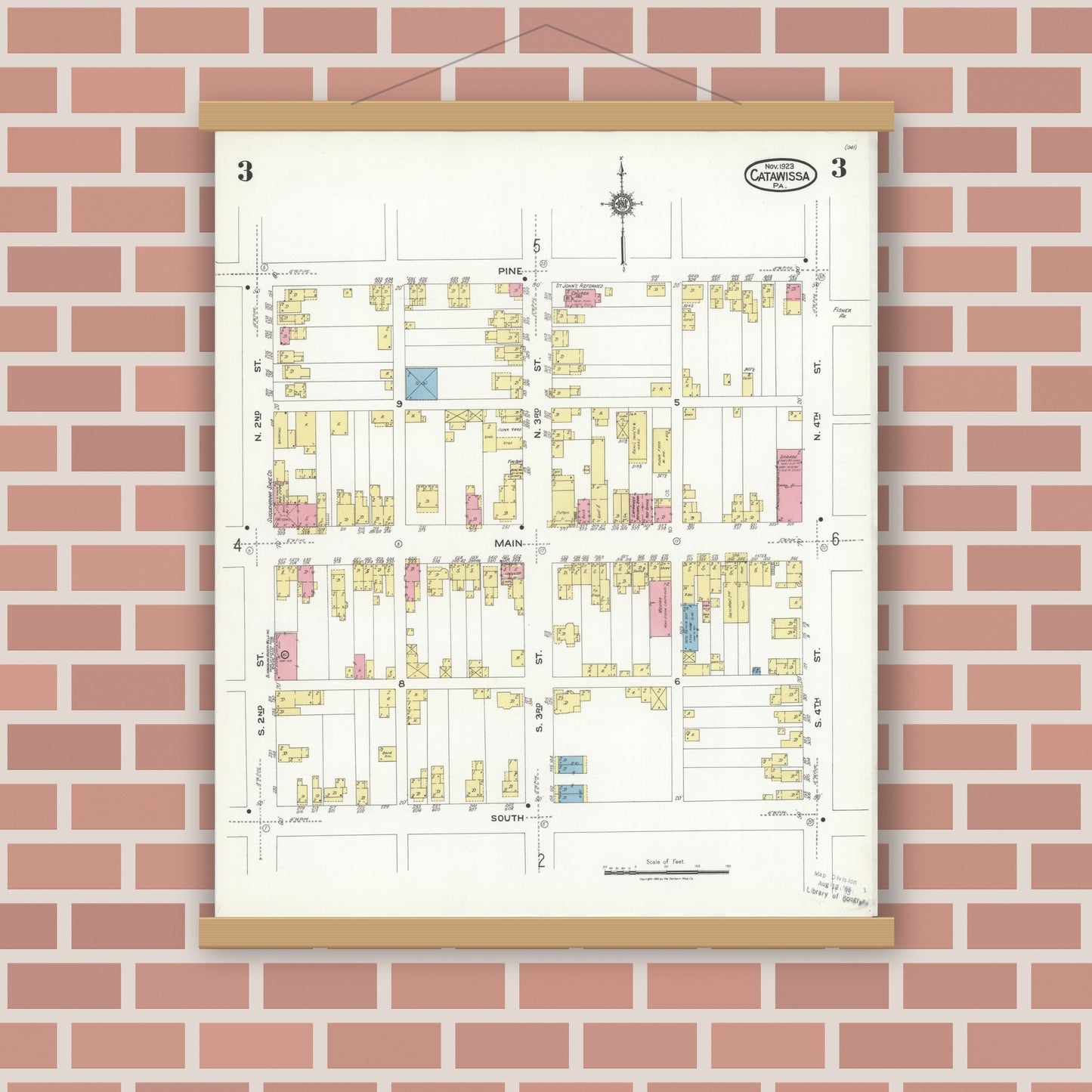 Old map wall art mockup — magnetic wood frame on brick wall — Sanborn Fire Insurance Map from Catawissa, Columbia County, Pennsylvania (1923), Sheet #0003