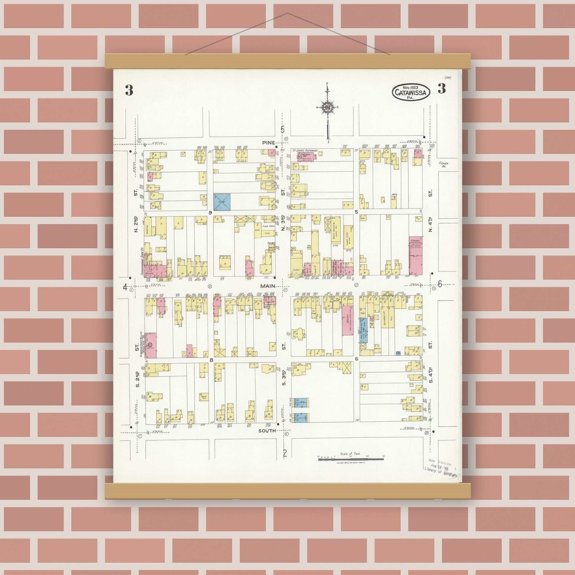 Old map wall art mockup — magnetic wood frame on brick wall — Sanborn Fire Insurance Map from Catawissa, Columbia County, Pennsylvania (1923), Sheet #0003