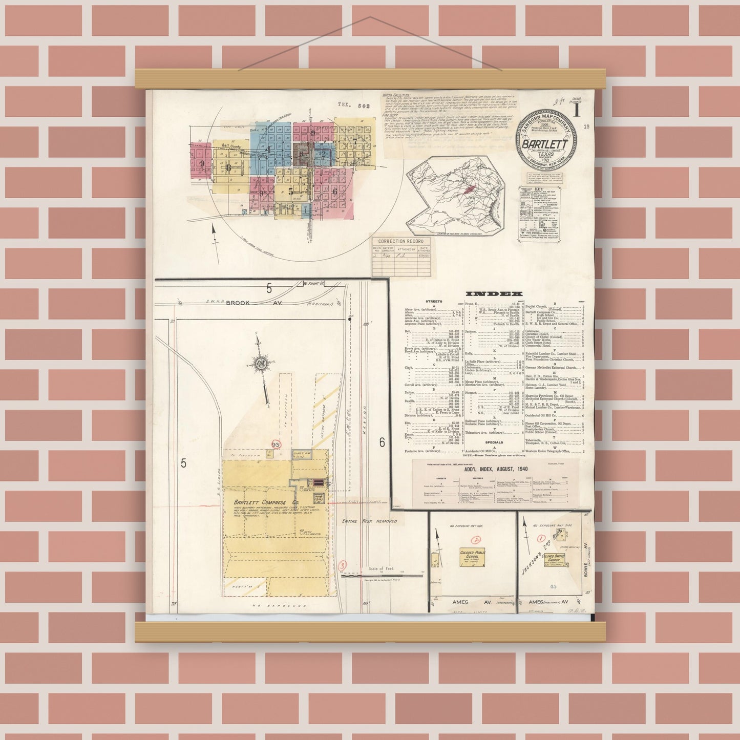 Old map wall art mockup — magnetic wood frame on brick wall — Sanborn Fire Insurance Map from Bartlett, Bell and Williamson Counties, Texas (1940), Sheet #0001
