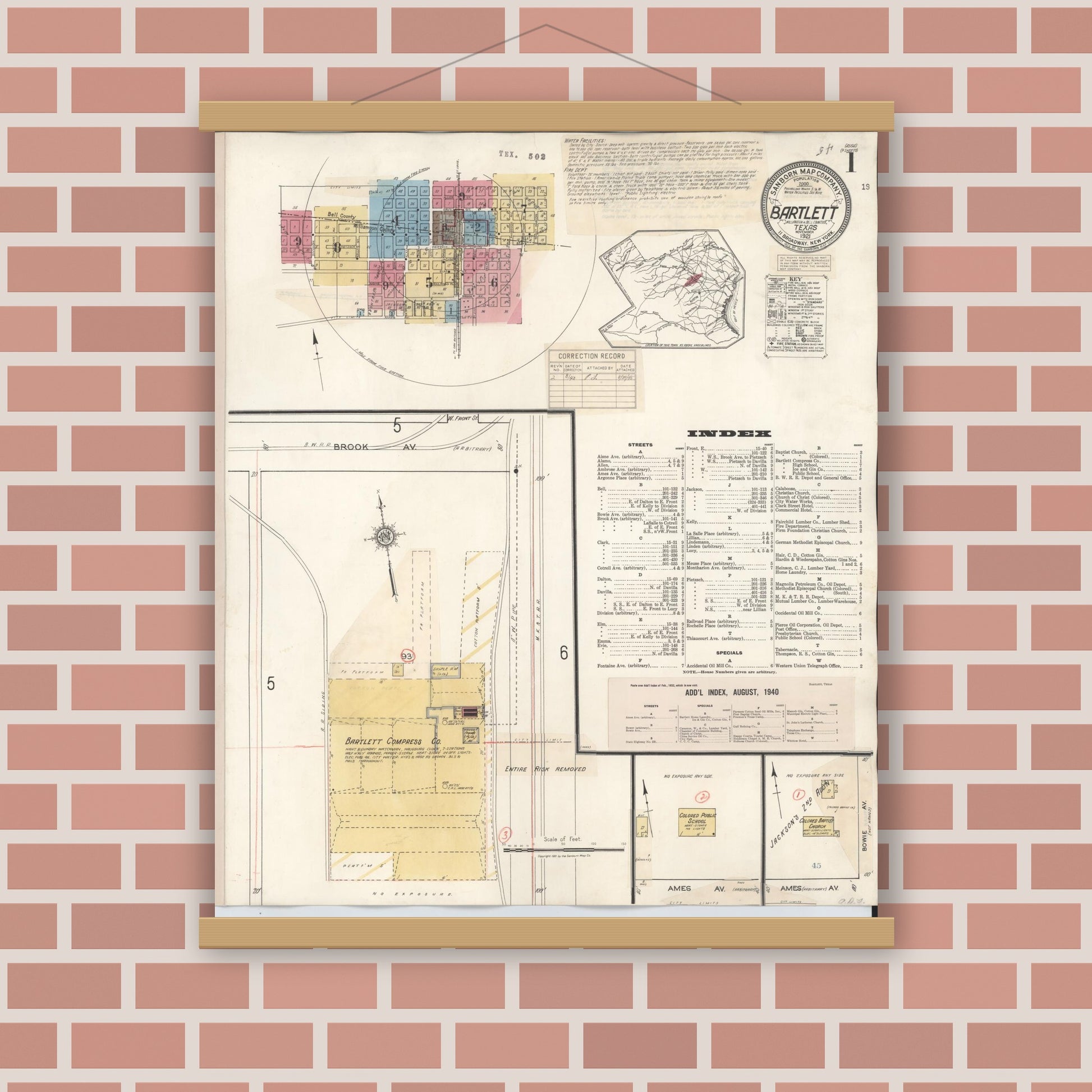 Old map wall art mockup — magnetic wood frame on brick wall — Sanborn Fire Insurance Map from Bartlett, Bell and Williamson Counties, Texas (1940), Sheet #0001