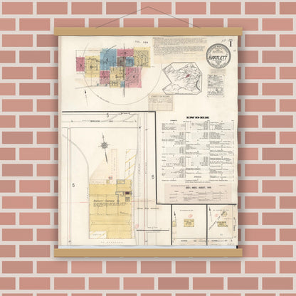Old map wall art mockup — magnetic wood frame on brick wall — Sanborn Fire Insurance Map from Bartlett, Bell and Williamson Counties, Texas (1940), Sheet #0001