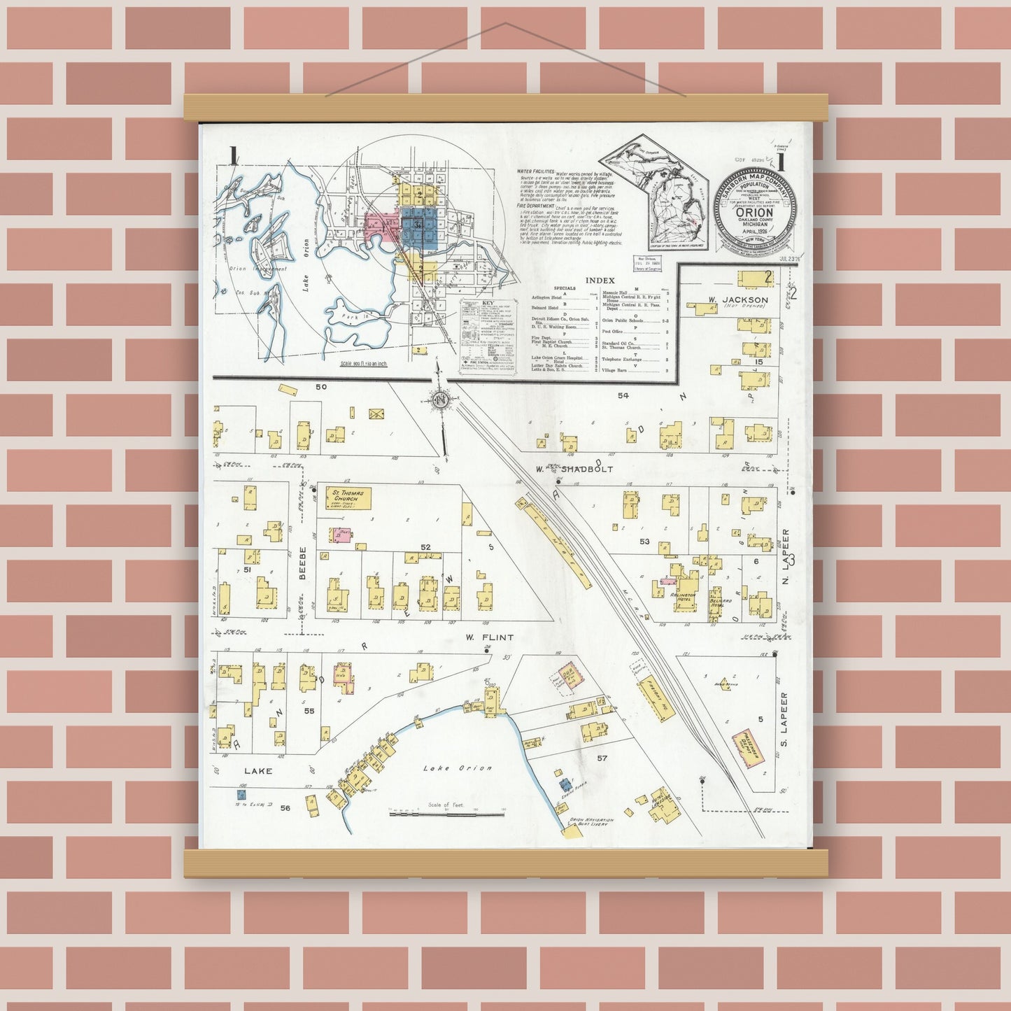 Old map wall art mockup — magnetic wood frame on brick wall — Sanborn Fire Insurance Map from Orion, Oakland County, Michigan (1926) - Complete Map Set