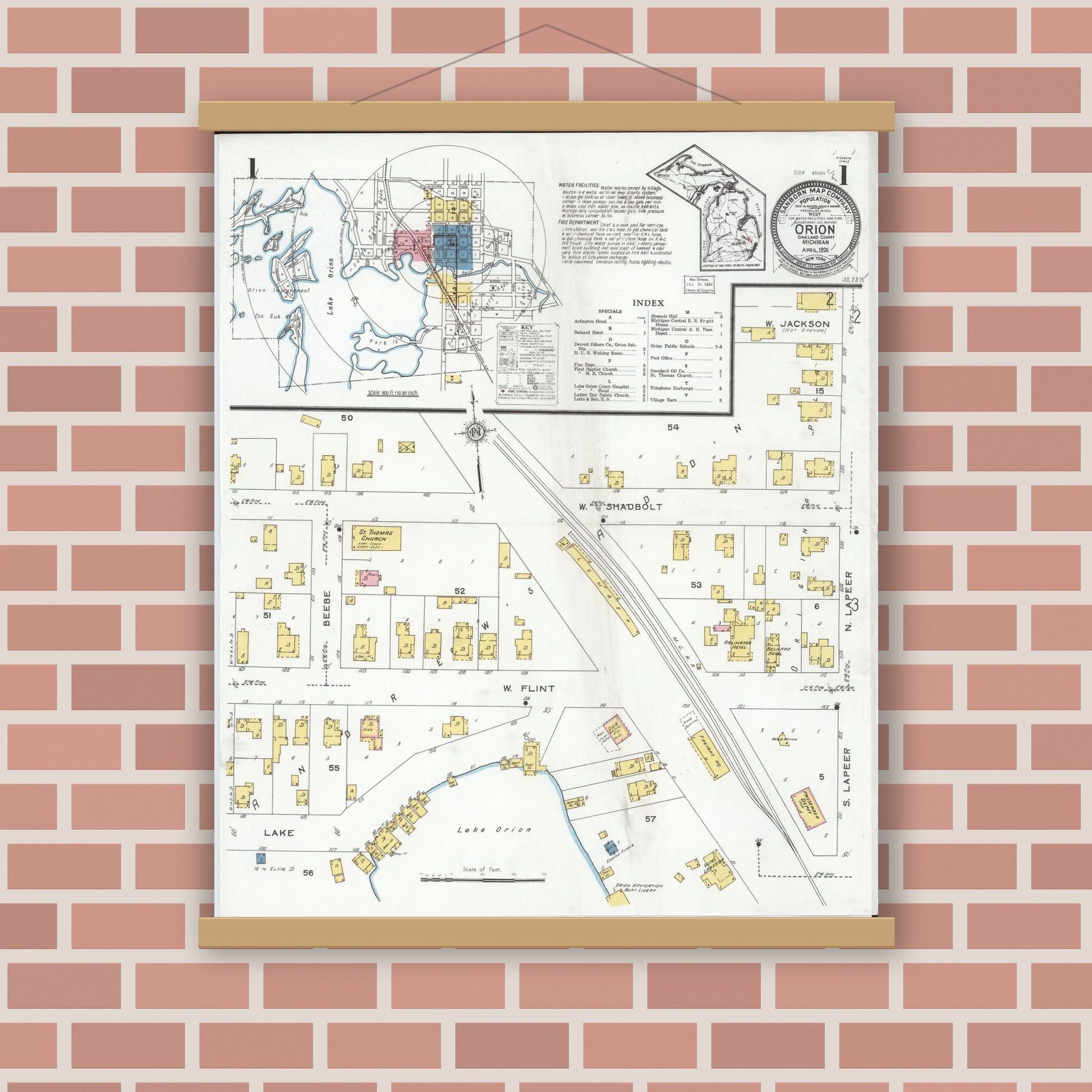 Old map wall art mockup — magnetic wood frame on brick wall — Sanborn Fire Insurance Map from Orion, Oakland County, Michigan (1926) - Complete Map Set