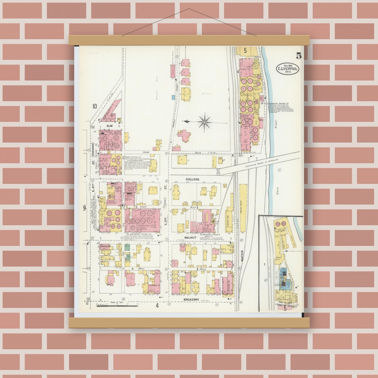 Old map wall art mockup — magnetic wood frame on brick wall — Sanborn Fire Insurance Map from East Liverpool, Columbiana County, Ohio (1903), Sheet #0005