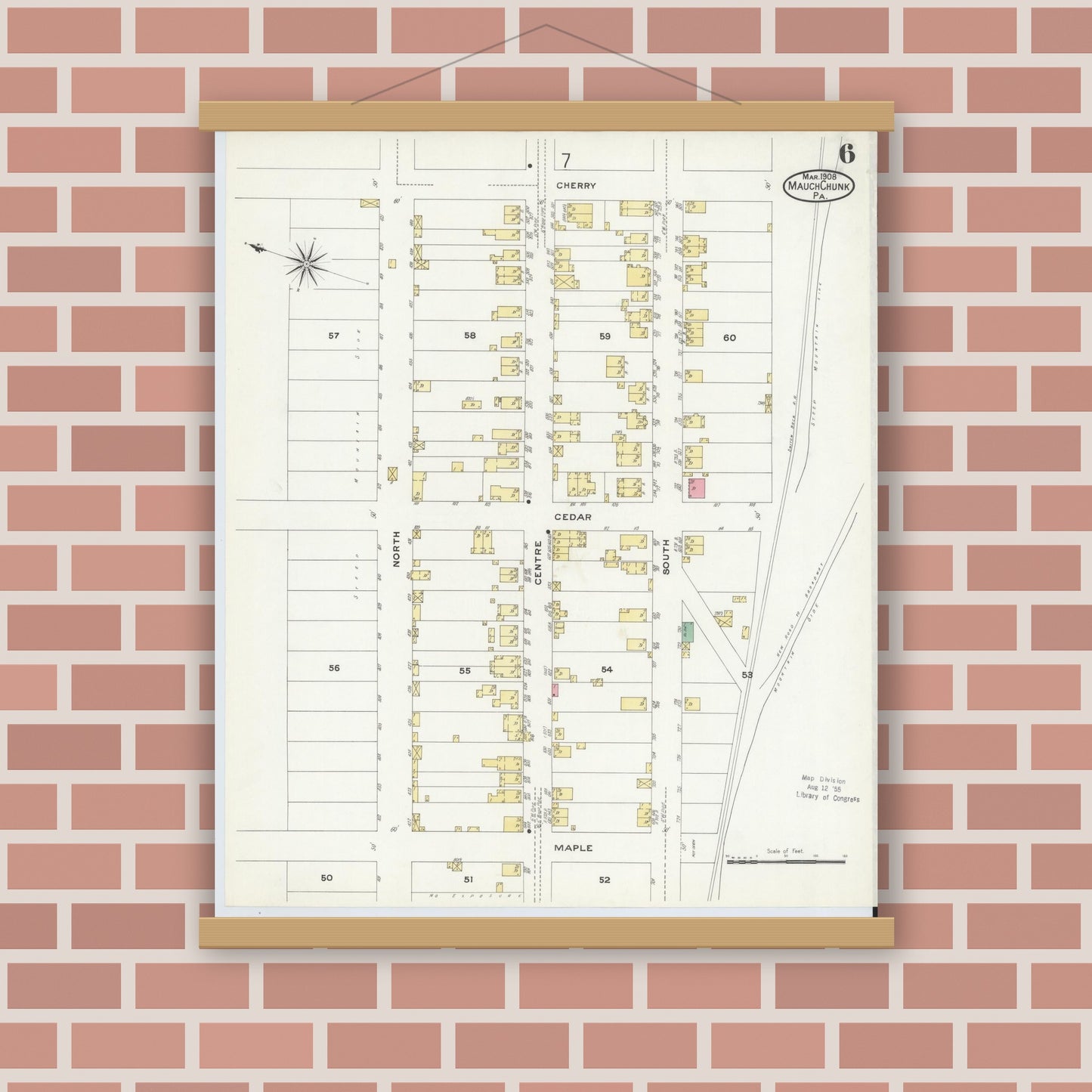Old map wall art mockup — magnetic wood frame on brick wall — Sanborn Fire Insurance Map from Mauch Chunk, Carbon County, Pennsylvania (1908), Sheet #0006
