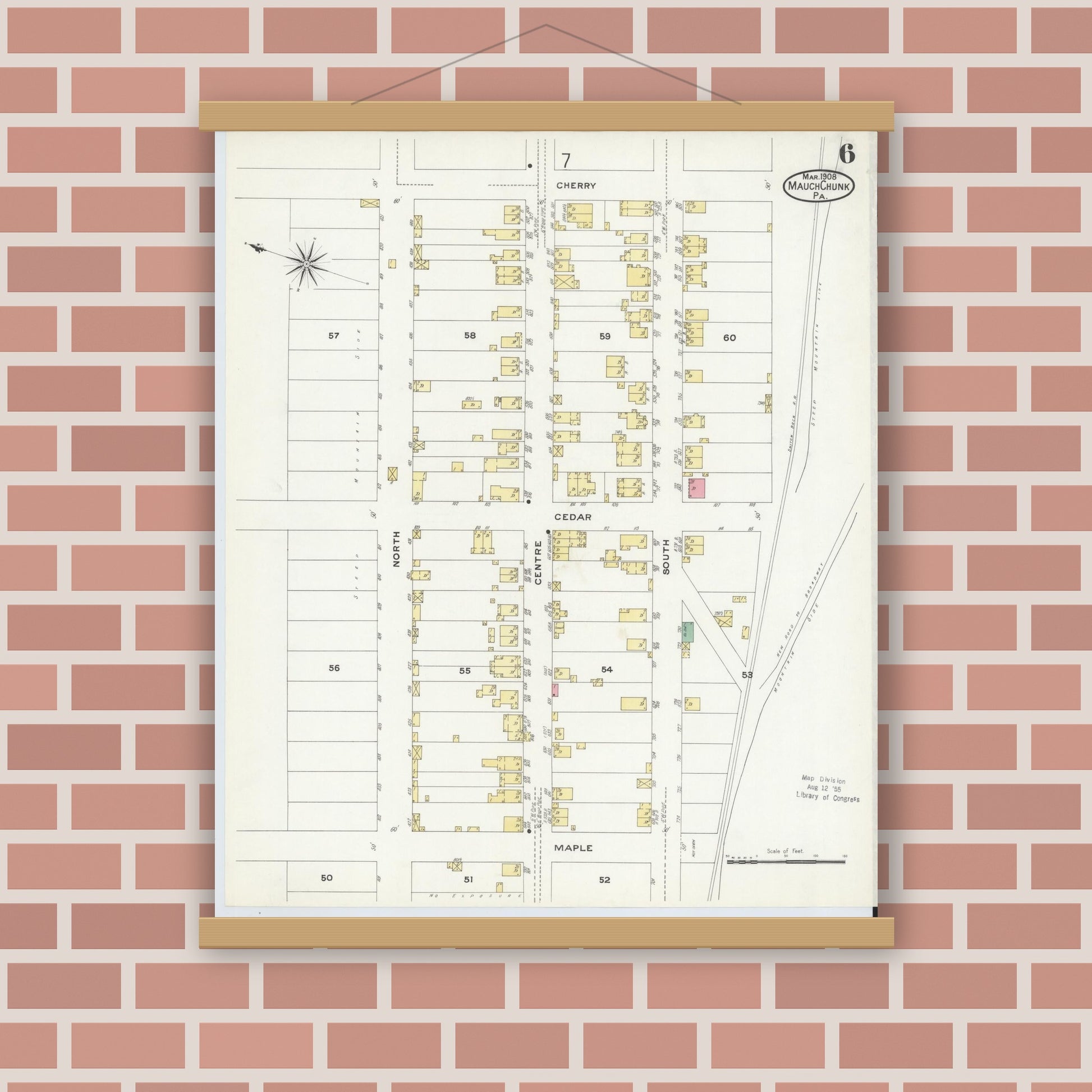 Old map wall art mockup — magnetic wood frame on brick wall — Sanborn Fire Insurance Map from Mauch Chunk, Carbon County, Pennsylvania (1908), Sheet #0006