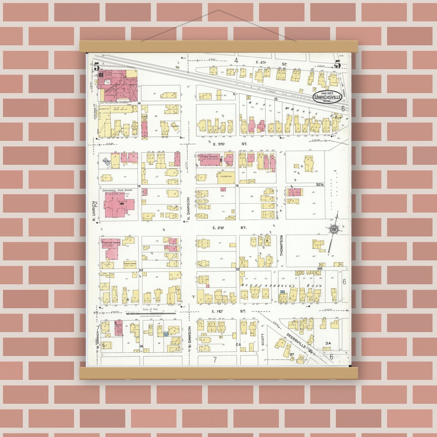 Old map wall art mockup — magnetic wood frame on brick wall — Sanborn Fire Insurance Map from Uhrichsville, Tuscarawas County, Ohio (1923), Sheet #0005