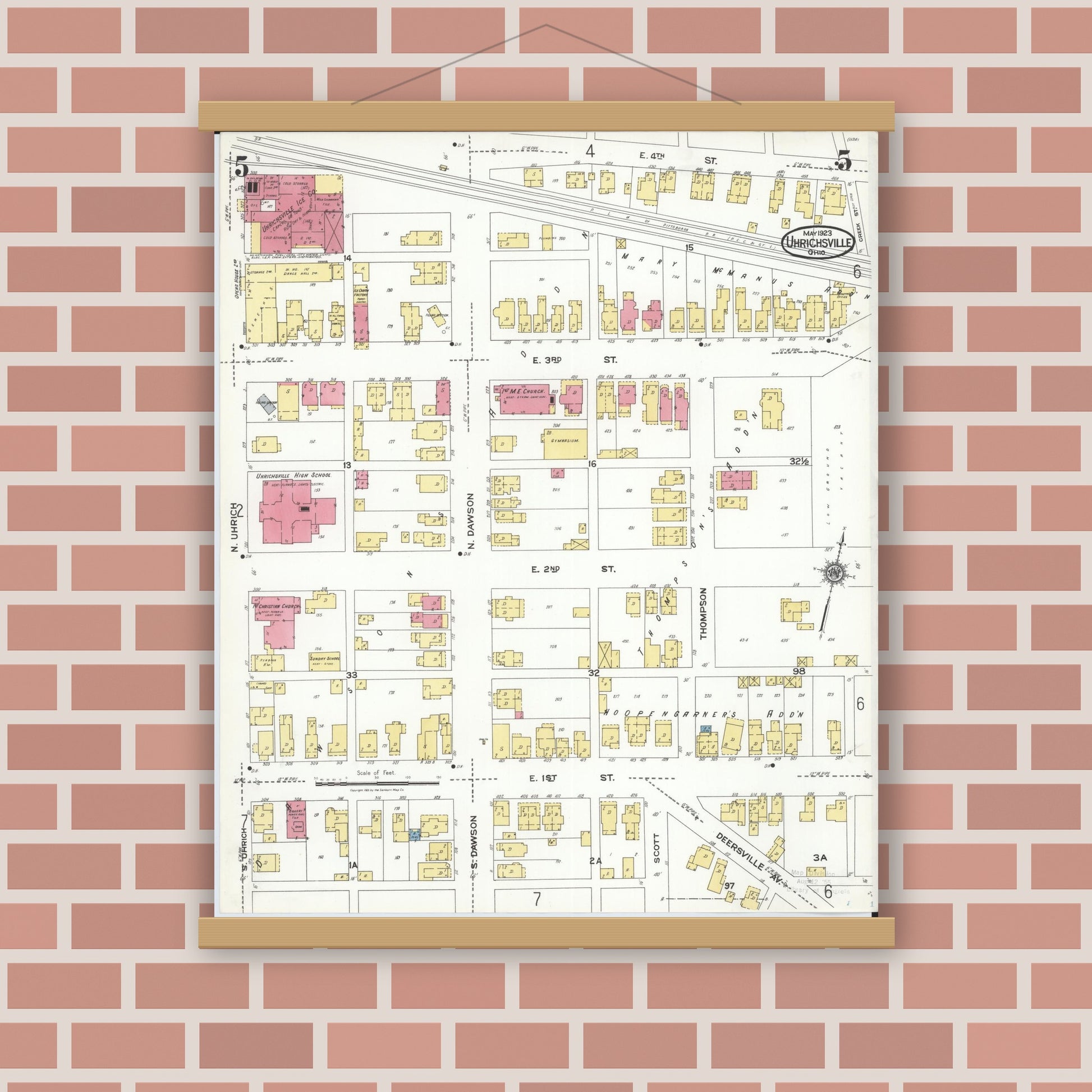 Old map wall art mockup — magnetic wood frame on brick wall — Sanborn Fire Insurance Map from Uhrichsville, Tuscarawas County, Ohio (1923), Sheet #0005