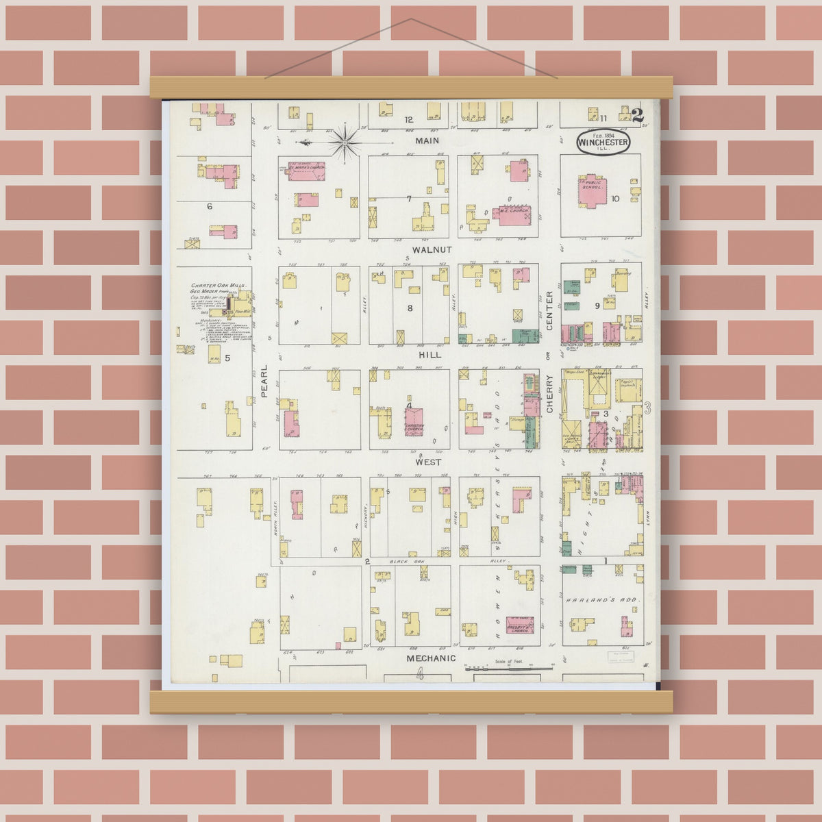 Old map wall art mockup — magnetic wood frame on brick wall — Sanborn Fire Insurance Map from Winchester, Scott County, Illinois (1894), Sheet #0002